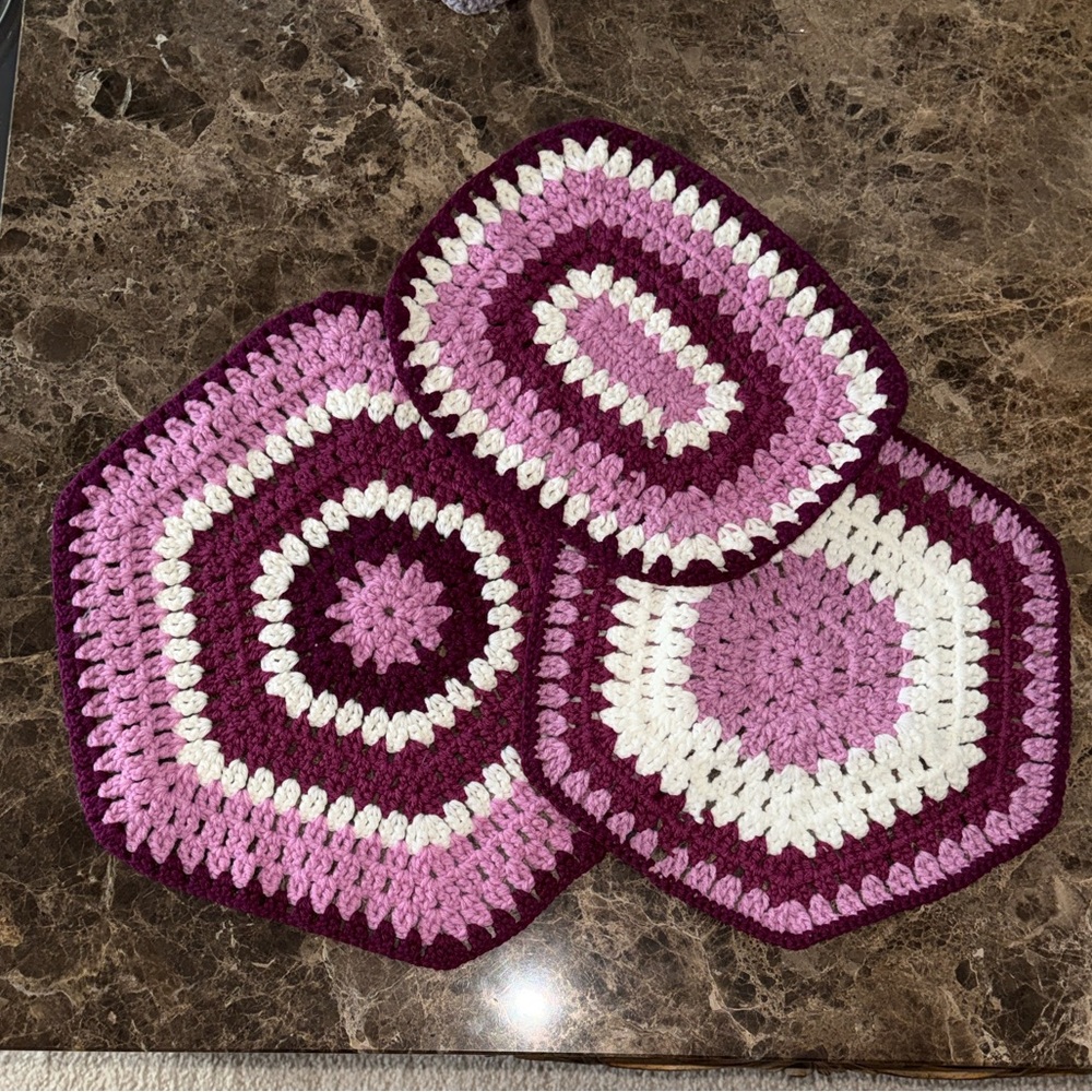 Vintage Handmade Boho Crochet Hexagon Mats in Purple and White, Set of 3